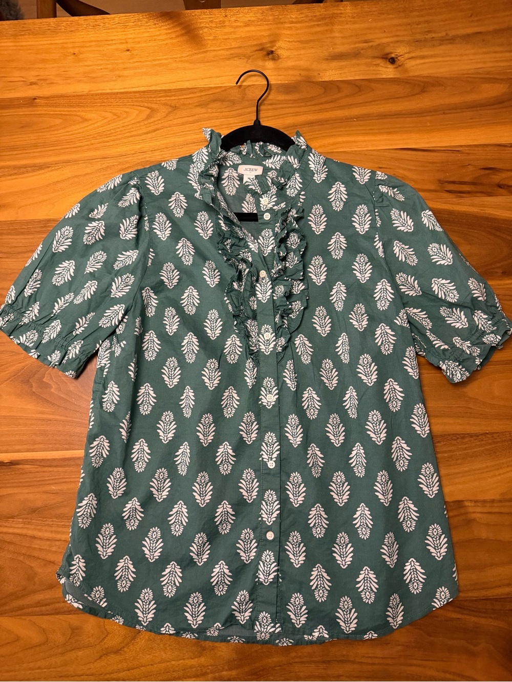J Crew Green Printed Ruffle Front Blouse, size M - Picture 3 of 3